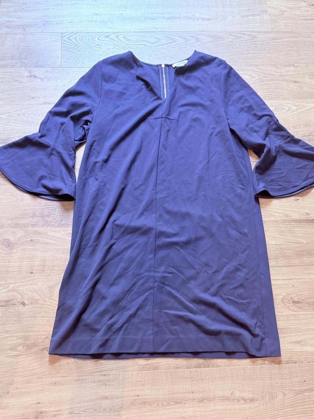 Joan Vass Deep Navy Shift Dress with Fluted Sleeves